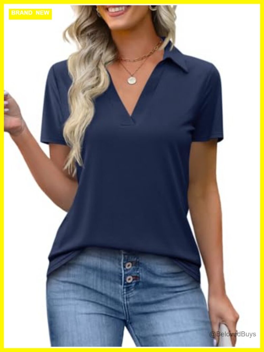 Women's Short Sleeve V-Neck Polo Shirt Collared Top Casual Business